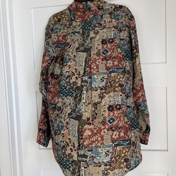 Vintage Womens Cote de France Silk Button Blouse Long Sleeve Brown Multi Sz S - Picture 8 of 13